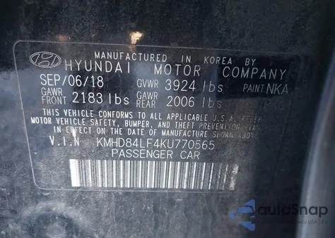 2019 Hyundai Elantra Sel z USA, uszkodzony, nr VIN KMHD84LF4KU770565